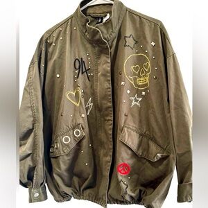 DIVIDED H&M Olive Green Bling Skull Jacket woman’s sz 14
